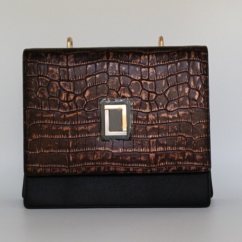 Marianna Satchel Natural Croc/Ebony Leather Handbag Luana Italy NWT